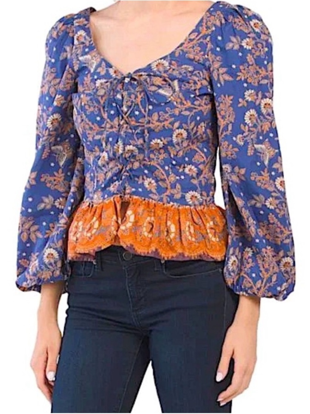 House of Harlow 1960 Floral Lace Up Blouse Blue Orange Balloon Sleeves Sz Medium